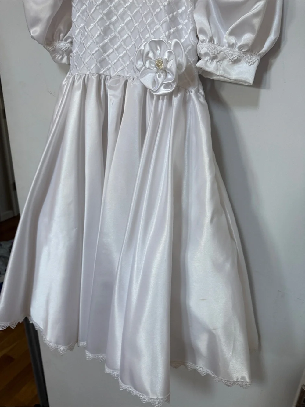 Ivory Satin Girls' Party Dress with Puff Sleeves